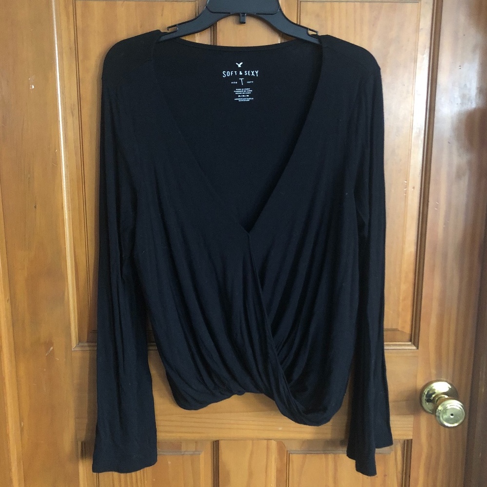 American Eagle Soft & Sexy Black Faux Wrap Bell Sleeve Top, Size Medium